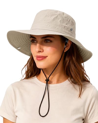 Wide Brim Waterproof Bucket Rain Hat for Women Men UPF50+ Cowboy Sun Hat - color: Beige