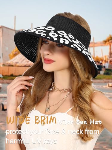 sy soul young Women's Straw Hat with Ponytail Hole Wide Brim Visor Sunhat - color: Black With Leopard 2