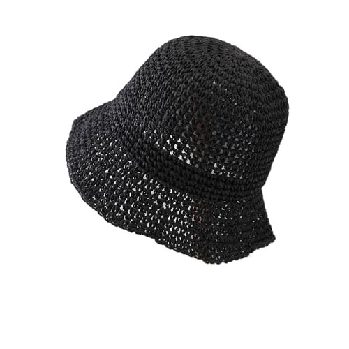 Women's Straw Bucket Hat Summer Mesh Woven Sun Beach Hat Foldable Fisherman Caps Hats - color: Black