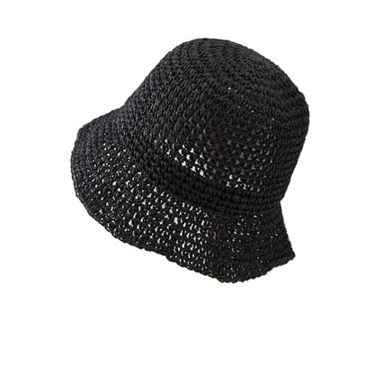 Women's Straw Bucket Hat Summer Mesh Woven Sun Beach Hat Foldable Fisherman Caps Hats - color: Black
