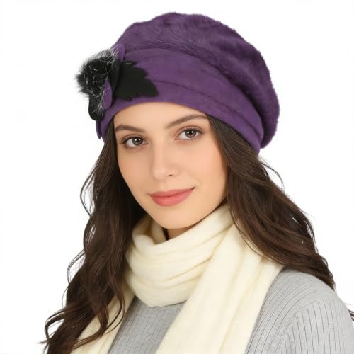 Women’s Vintage Wool Beret Winter Hats Elegant French Beret Beanie Dress Hat for Ladies - color: Br022-purple
