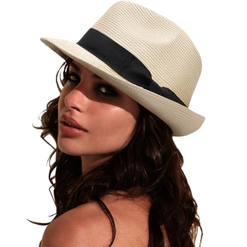AQOKKA Summer Straw Fedora Hat for Women Men Travel Panama Hat with Wide Brim Roll Up Sun Hat for Beach Outdoor UPF 50+ - color: Rolled Straw Hat: : Beige With Black Band