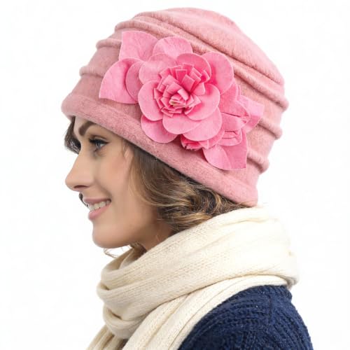 Vintage Women Floral Wool Dress Cloche Winter Hat 1920s - color: C022-d-pink