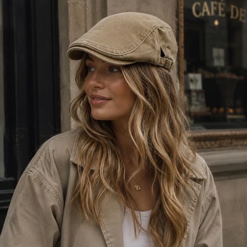 Initlove Mens Newsboy Cap Washed Beret Ivy Hat Flat Hats for Cabbie Driving - color: Black + Khaki