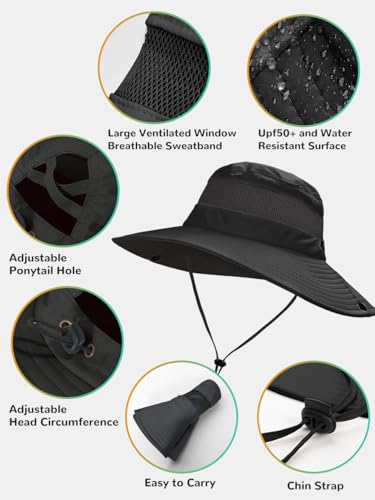 EW East Water Sun Beach Hat for Women, UPF50+ Waterproof with Ponytail Hole - color: Black