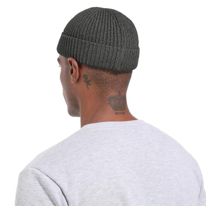 ROYBENS Swag Wool Knit Cuff Short Fisherman Beanie for Men Women Winter Hat - color: 1 Dark Gray