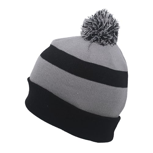 Pacific Headwear Unisex Adult Pacific Headwear Knit Fold Over Pom-pom Beanie - color: Black/Silver/Black, size: One Size
