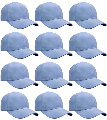 Falari Wholesale Bulk Lot 12-Pack Baseball Cap Adjustable Size Plain Blank Solid Color - color: Sky Blue