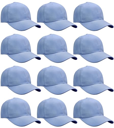 Falari Wholesale Bulk Lot 12-Pack Baseball Cap Adjustable Size Plain Blank Solid Color - color: Sky Blue