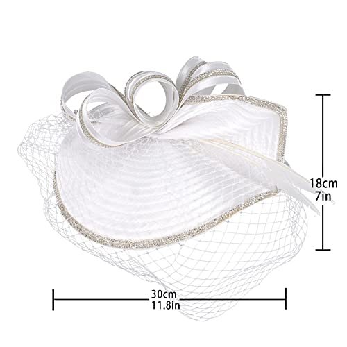 ORIDOOR Women Fascinators Derby Church Tea Party Wedding Flower Feathers Headpiece with Headband Clips - color: A-white