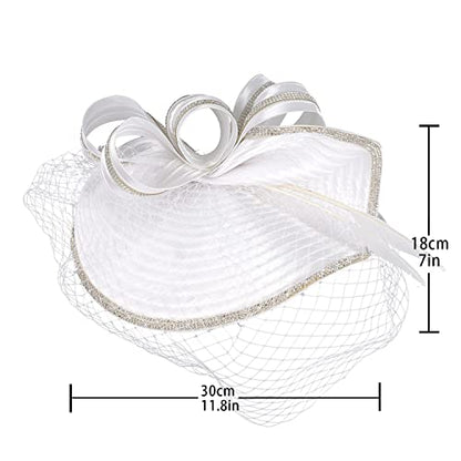 ORIDOOR Women Fascinators Derby Church Tea Party Wedding Flower Feathers Headpiece with Headband Clips - color: White