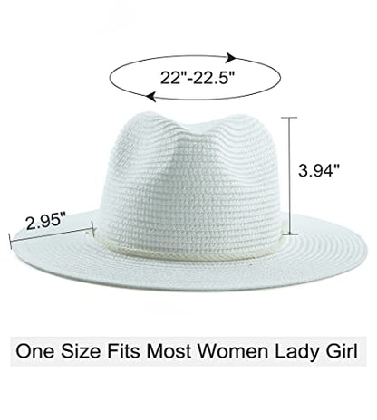 Women Straw Fedora Hat Summer Panama Beach Sun Hats UV UPF50+ Cap - color: White