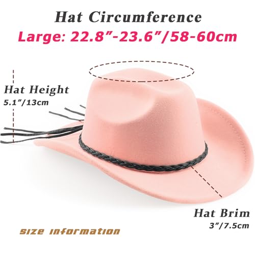 DRESHOW Western Cowboy Hat for Men Women Cowboy Cowgirl Hat Outdoor Wide Brim Retro Felt Fedora Hats Unisex Rolled up Caps - color: 1 Pack Style 9: Baby Pink With Braided Band