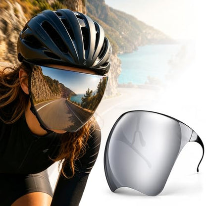 Full Face Shield Mask, Futuristic Anti-Fog Glasses Mirror Shield Sunglasses - color: Black With Silver Mirror