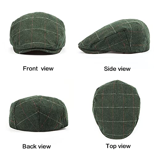 2-Pack Adjustable Newsboy Hats for Men Flat Cap Irish Wool Blend Tweed - color: Plaid Grey+green 2pack, size: Small-Medium