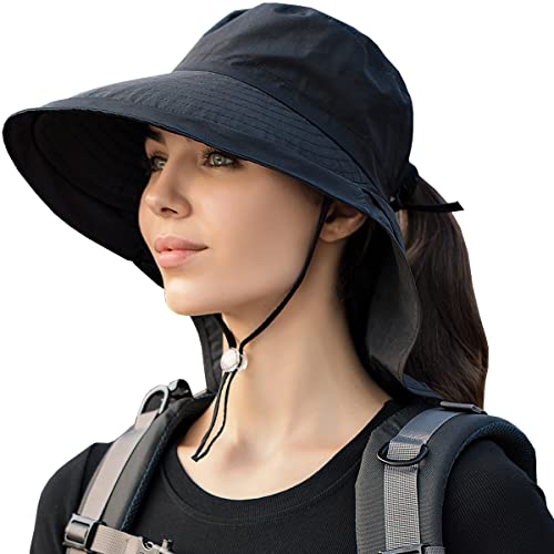 Womens Sun Hat UPF 50+ Wide Brim and Ponytail Hole, Hiking Safari Hat with Neck Flap… - color: Black