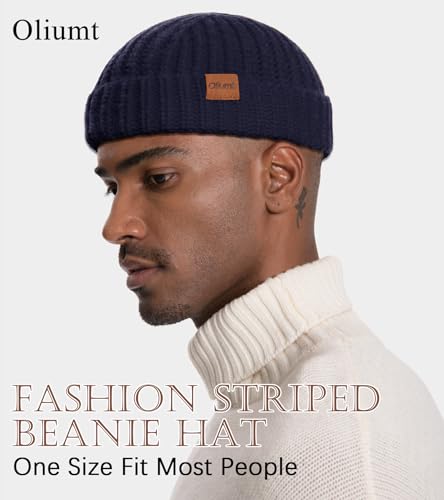Fisherman Short Beanie Hats for Men, Knit Skull Cap Cuff Trawler Hat Mens Stylish Watch Cap Winter Warm Hat for Daily Wear - color: Navy