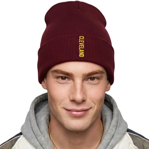 Daxton Vertical USA Cities Cuffed Beanie, Winter Knit Hat Skully Cap for Men Women, City Pride Daily Headwear - color: Cleveland Burgundy Gold