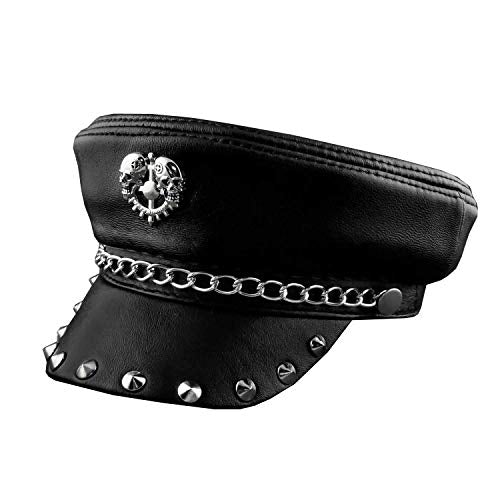 vogueteen New! Metal Rivet Studded Skull Mens Genuine Leather Biker Punk Rocker Cap Hat - size: 6 7/8-7