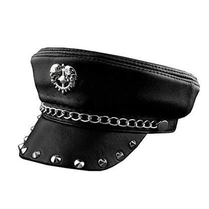 vogueteen New! Metal Rivet Studded Skull Mens Genuine Leather Biker Punk Rocker Cap Hat - size: 6 7/8-7