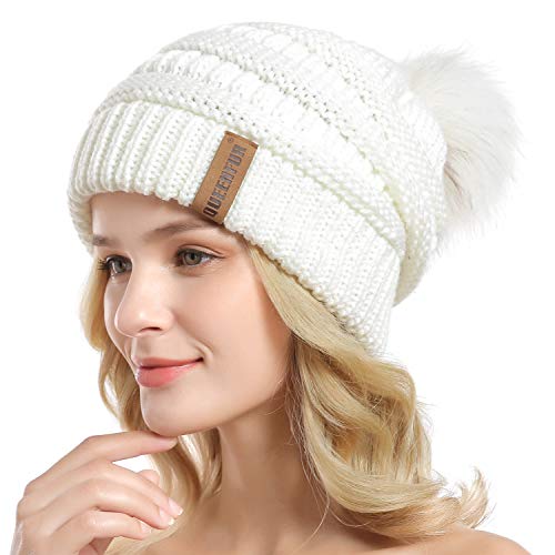Women Knit Slouchy Beanie Chunky Baggy Hat with Faux Fur Pompom Winter Soft Warm Ski Cap - color: A4-white