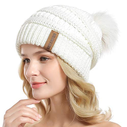 Women Knit Slouchy Beanie Chunky Baggy Hat with Faux Fur Pompom Winter Soft Warm Ski Cap - color: A4-white