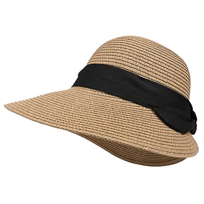 Summer Beach Sun Straw Hats for Women Wide Brim Packable Travel Bucket Hats UPF 50+ - color: Brown, With Black Band