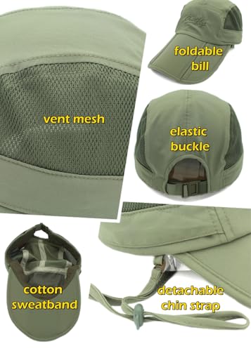 Full Coverage Removable UPF 50+ Sun Hat, Breathable Quick Dry Running Cap - color: Army Green, size: Small