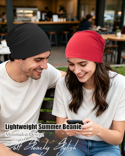 ROYBENS 100% Cotton Thin Slouchy Beanie Hat Women Men Lightweight Chemo Cap - color: 2pcs Black+black