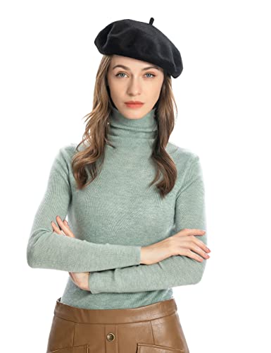 ZLYC Wool French Beret Hat Solid Color Classic Artist Cap for Women - color: Black