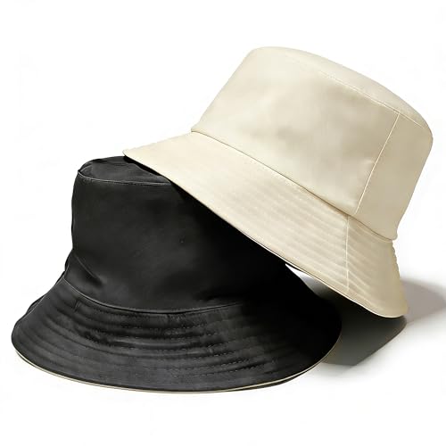 Bucket Hat for Men and Women 2-in-1 Reversible Sun Protection Fashion Flat Top Cap for Fishing Travel Beach Sports - color: Beige-black