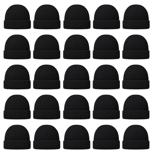 25 Pack Winter Beanie Hats, Unisex Thermal Toboggan Cold Weather Cuffed Caps Bulk Bundle - color: Black (Ribbed)