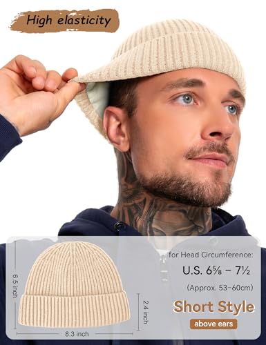 Fleece Lined Wool Short Fisherman Beanie Men Women Cuff Winter Hat - color: 1pc-beige