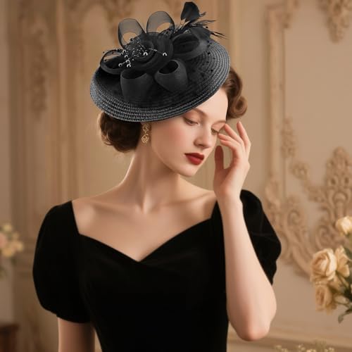 DRESHOW Fascinators Hat Flower Mesh Feathers Hat with a Headband and a Clip 7.9" Tea Party Headwear for Women - color: Folded Style 2: Black / 7.9"
