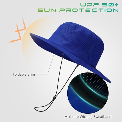 UPF 50+ Bucket Sun Hat with Laser Perforated Mesh Cooling Adjustable Breathable Lightweight for Outdoor Men Women - color: Khaki & Royal Blue