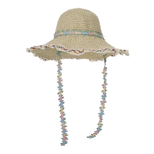 Women's Wide Brim Straw Bucket Hat, Floral Decor Adjustable Chin Strap, Sun Hat for Summer - color: Beige