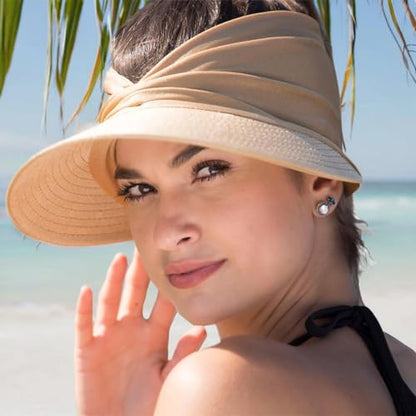 Sun Hat Women Beach Visor Cap UV Protection with Wide Brim Packable Summer Sport Ponytail Sun Cap - color: Beige