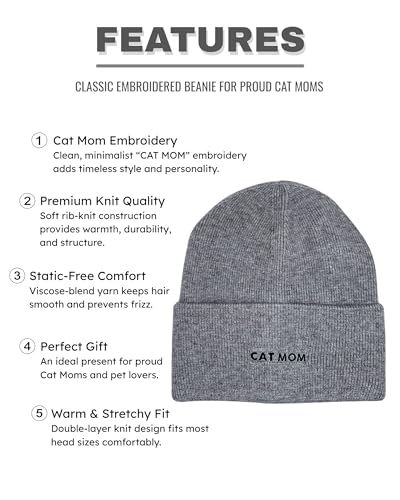 Cat Mom Cat Dad Beanie Collection – Jacquard Pom Pom Hats & Double-Layer Embroidered Beanies for Pet Lovers - color: Cat Mom Embroidery Gray Hat