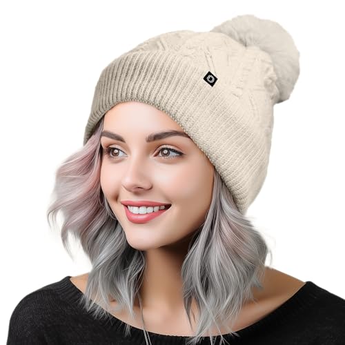 DALIX Cable Knit Pom Beanie Soft Stretch Skully Warm Fuzzy Faux Sherpa Winter Ski Beanie - color: Cream