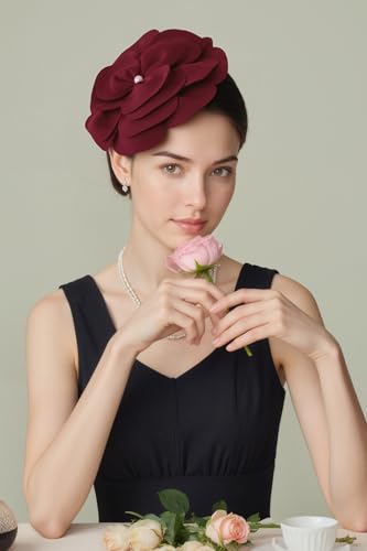BABEYOND Fascinators Hats for Women Layered Flower Tea Party Derby Hats - color: Wine Red