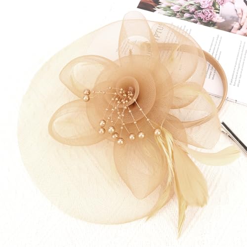 Womens Fascinators Mesh Hats Tea Party Hats for Women Feather Veil Headband - color: Oatmeal Brown