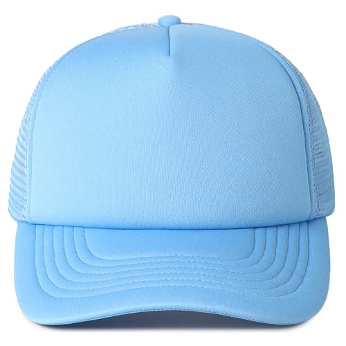 MIRMARU 5 Panels Blank Foam Front Two Tone Solid Trucker Mesh Back Baseball Cap with Adjustable Snapback Strap - color: Solid-sky Blue