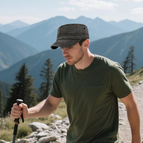 Military Cadet Army Cap for Men Women – Washed Cotton Vintage Adjustable Flat Top Hat - color: Black