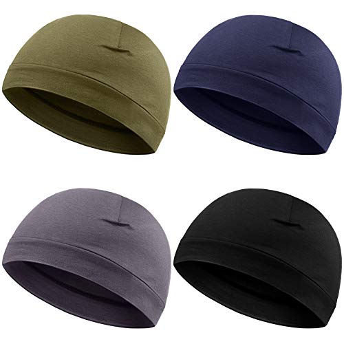 Syhood 4 Cotton Skull Caps for Men Women Sleep Night Hat Beanie - color: Black, Gray, Army Green, Navy Blue