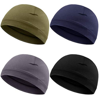 Syhood 4 Cotton Skull Caps for Men Women Sleep Night Hat Beanie - color: Black, Gray, Army Green, Navy Blue