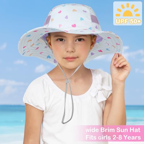 ICOSY Sun Hat for Kids Girls, UPF 50+ Wide Brim Beach Hat for Toddler - color: White Hearts