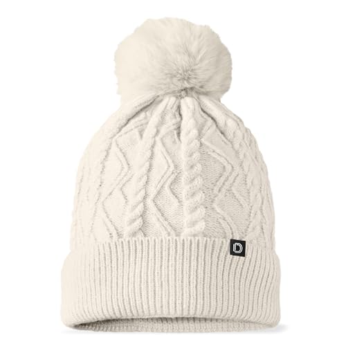 DALIX Cable Knit Pom Beanie Soft Stretch Skully Warm Fuzzy Faux Sherpa Winter Ski Beanie - color: Cream
