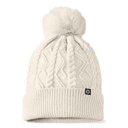 DALIX Cable Knit Pom Beanie Soft Stretch Skully Warm Fuzzy Faux Sherpa Winter Ski Beanie - color: Cream