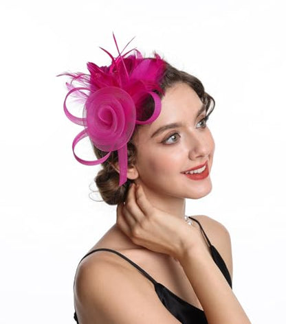 SAFERIN Women's Fascinators Feathers Tea Party Hat Veil Headband with Hair Clip for Cocktail Church - color: M-rose Red