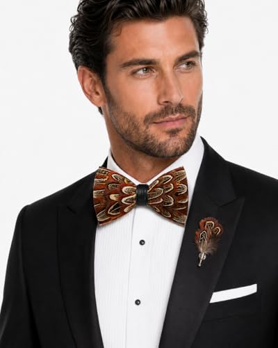 RBOCOTT Handmade Feather Pre-tied Bow tie and Brooch Sets for Men - color: Brown